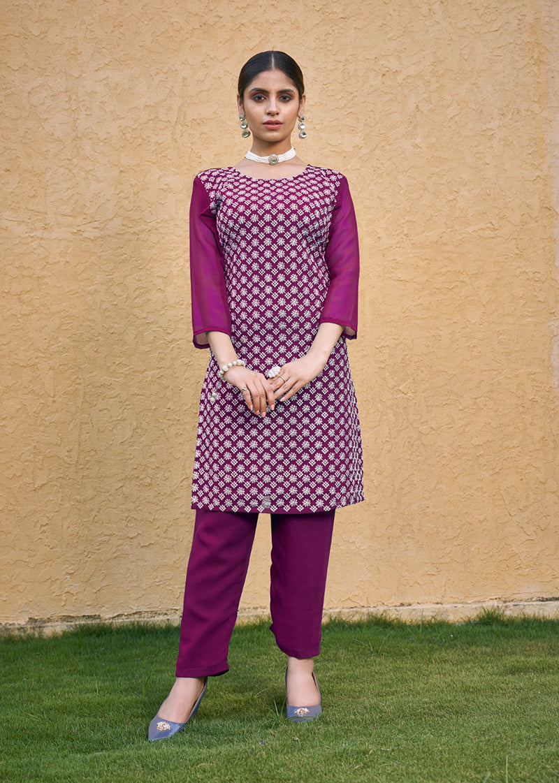 Monjolika Fashion Embroidered Georgette Straight Kurta Set In Purple | Grab2Buy