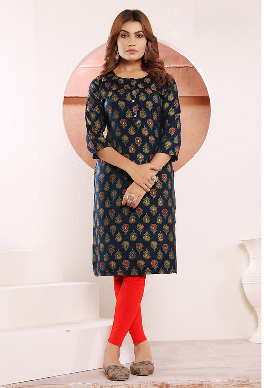 Monjolika Fashion Navy Blue Print Viscose Casual Kurti | Grab2Buy