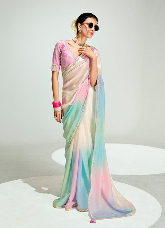 Monjolika Fashion Organza Tissue Multi Colour Sequins Embroidery Handwork Engagement Wear Saree