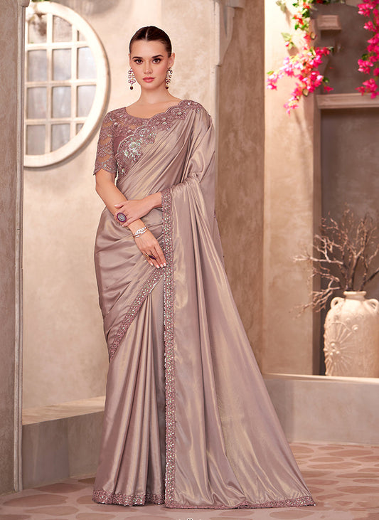 Monjolika Fashion Beige Color Embroidery Work Shimmer Silk Party Wear Saree
