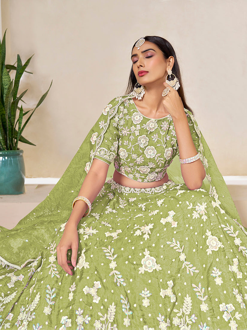 Monjolika Fashion Light Olive Embroidered Crush Organza Lehenga Choli