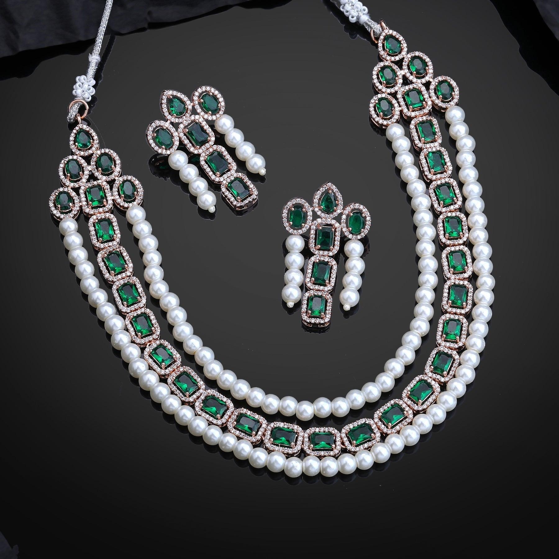 Estele Rose Gold-Polished CZ Captivating Three-Layered Necklace Set with Green Stones & Pearls for Women Estele Accessories