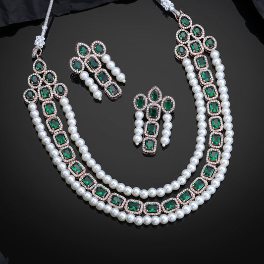Estele Rose Gold-Polished CZ Captivating Three-Layered Necklace Set with Green Stones & Pearls for Women - Swadesiicart