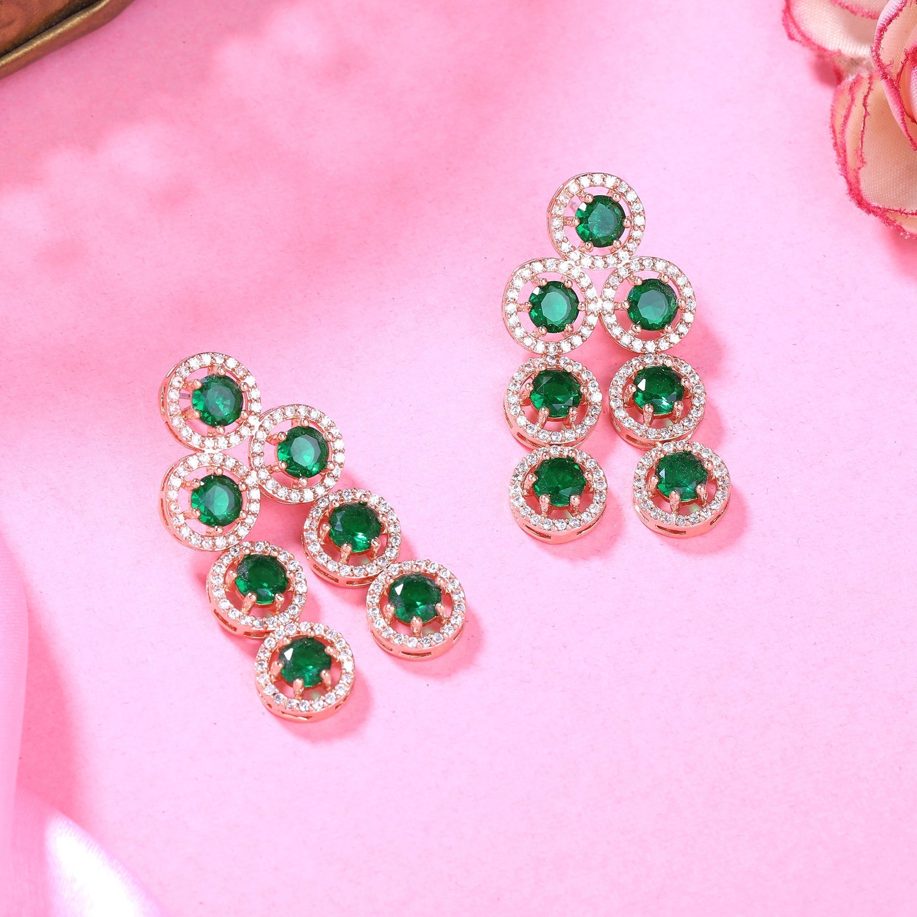 Estele Rose Gold-Polished CZ Splendid Drop & Dangle Earrings with Green Stones for Women Estele Accessories