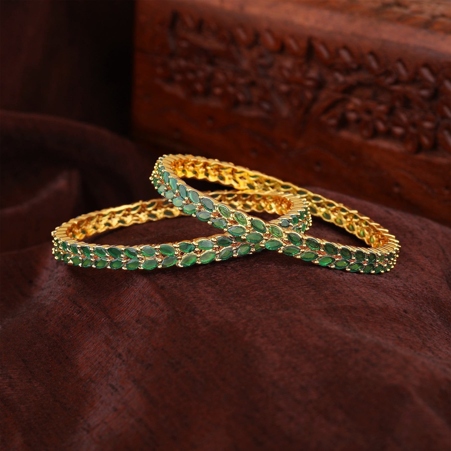 Estele Gold-Polished CZ Marvelous Leafy Designer Bangle with Green Stones for Women 