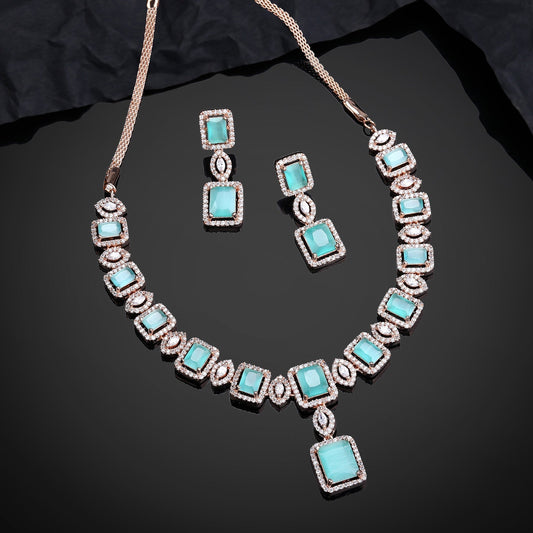 Estele Rose Gold-Polished CZ Shimmering Square Designer Necklace Set with Mint Green Stones for Women - Swadesiicart
