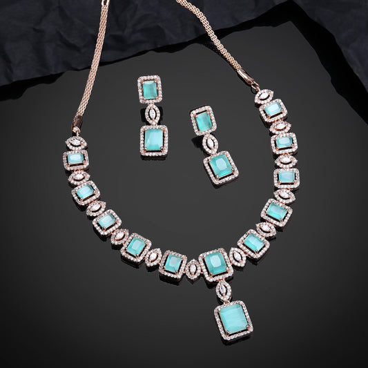 Estele Rose Gold-Polished CZ Shimmering Square Designer Necklace Set with Mint Green Stones for Women Estele Accessories