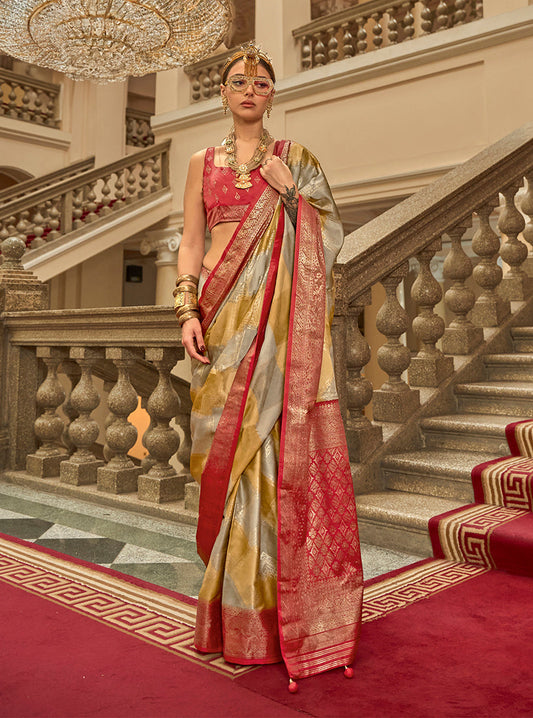 Monjolika Fashion Multi Color Satin Weaving Print Classic Saree