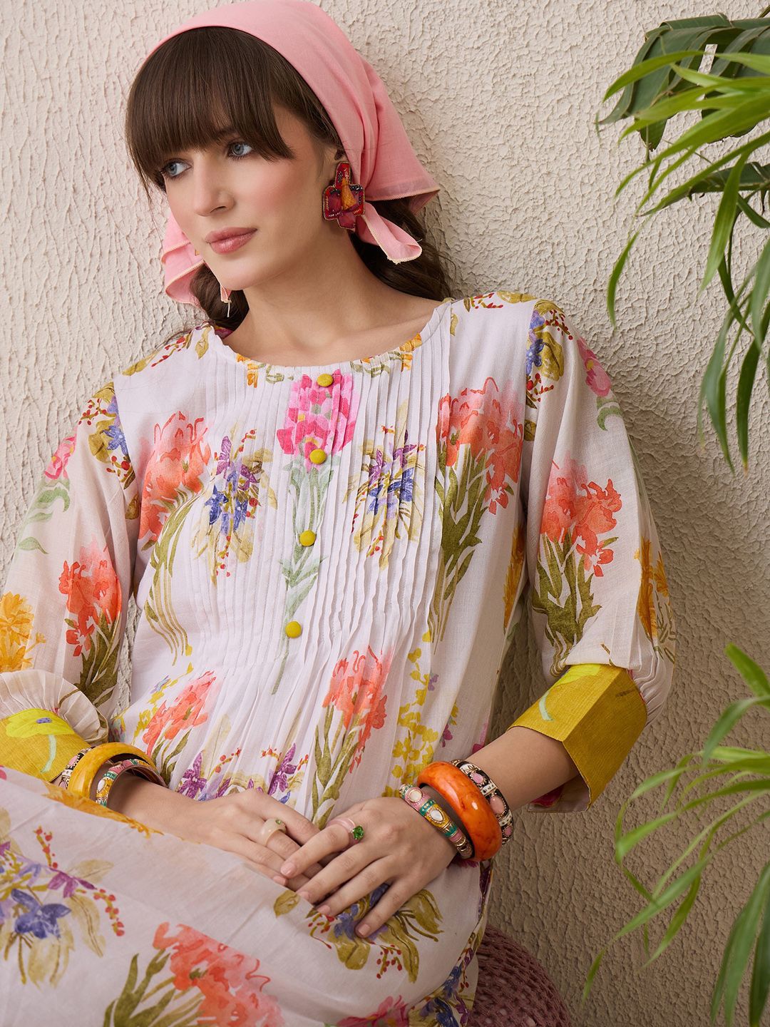Indo Era Floral Printed Round Neck Pure Cotton Straight Kurta With Trouser