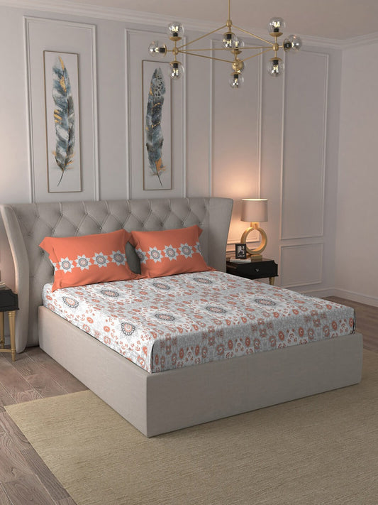 MYTRIDENT Grey White Floral Pure Cotton 144 TC Queen Bedsheet With 2 Pillow Covers 
