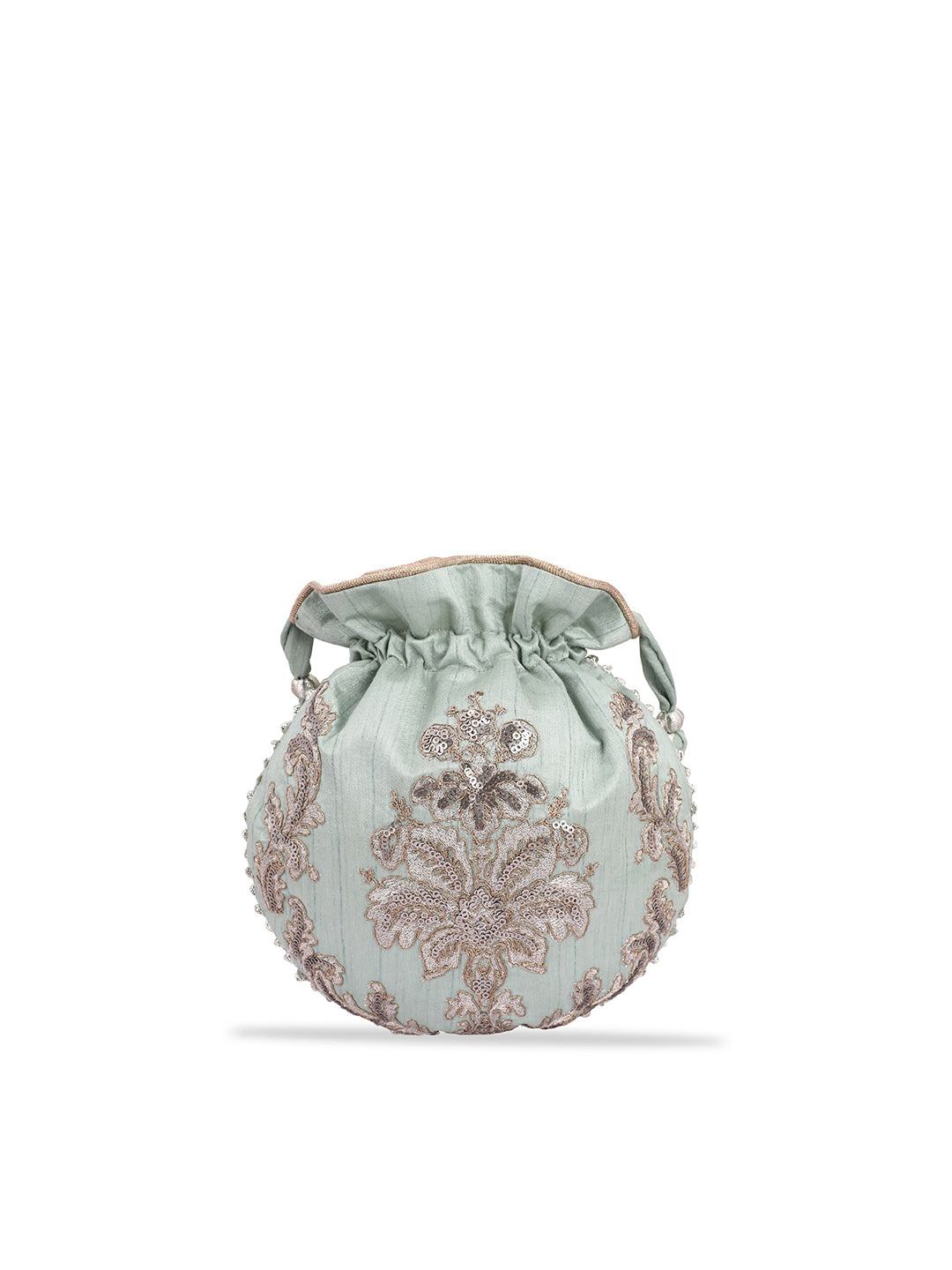 Masq Women Green & Silver-Toned Embellished Potli Clutch - Grab2buy