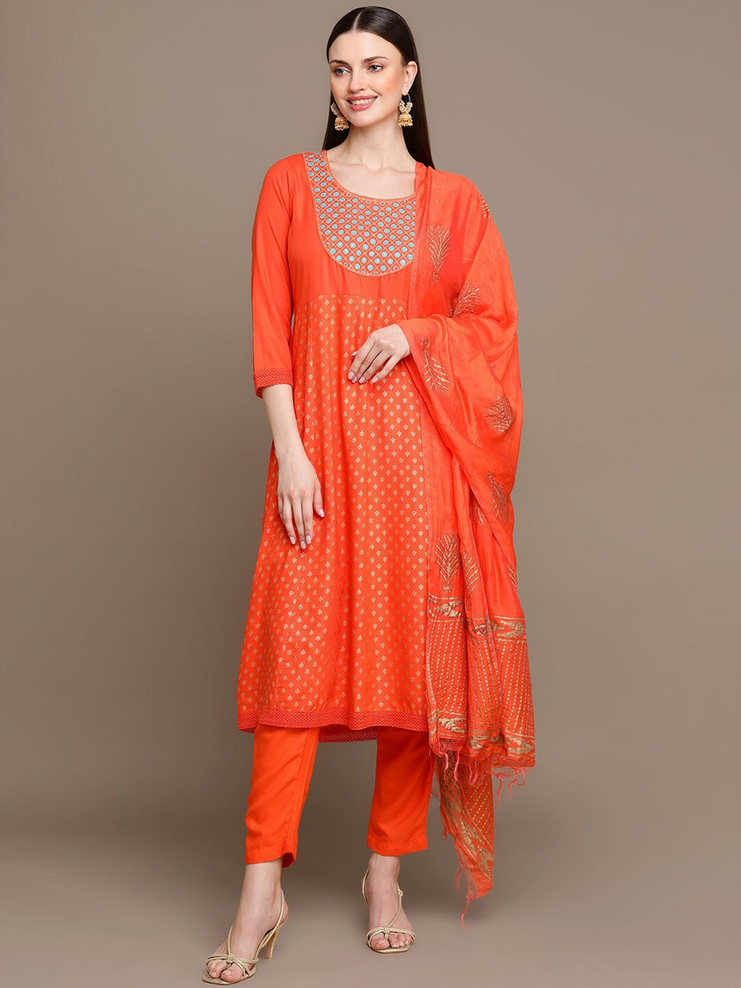 HERE&NOW Ethnic Motifs Embroidered Mirror Work Anarkali Kurta with Trousers & Dupatta