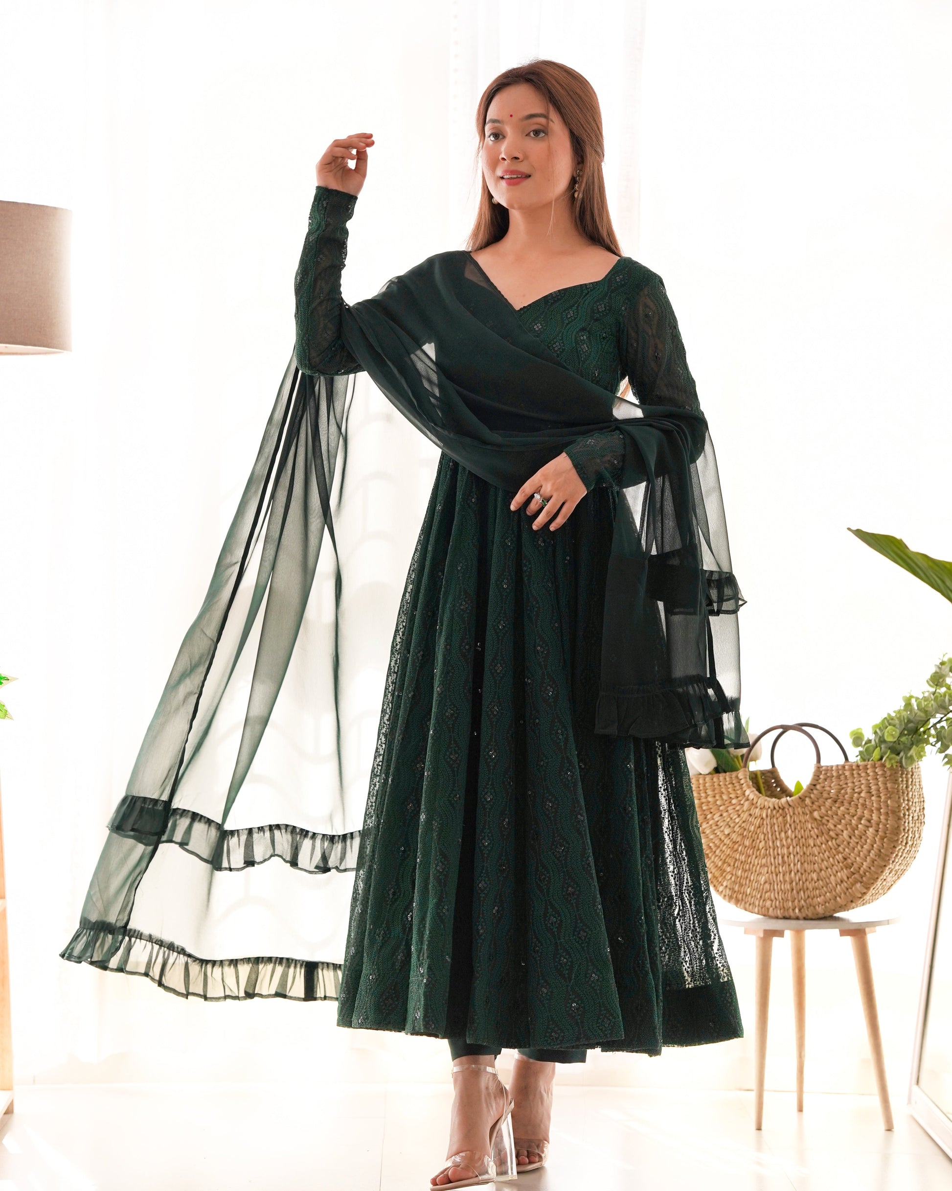 Lorenvalley Green Pure Soft Faux Georgette Lucknowi Sequence Work Anarkali Pant With Dupatta Set 