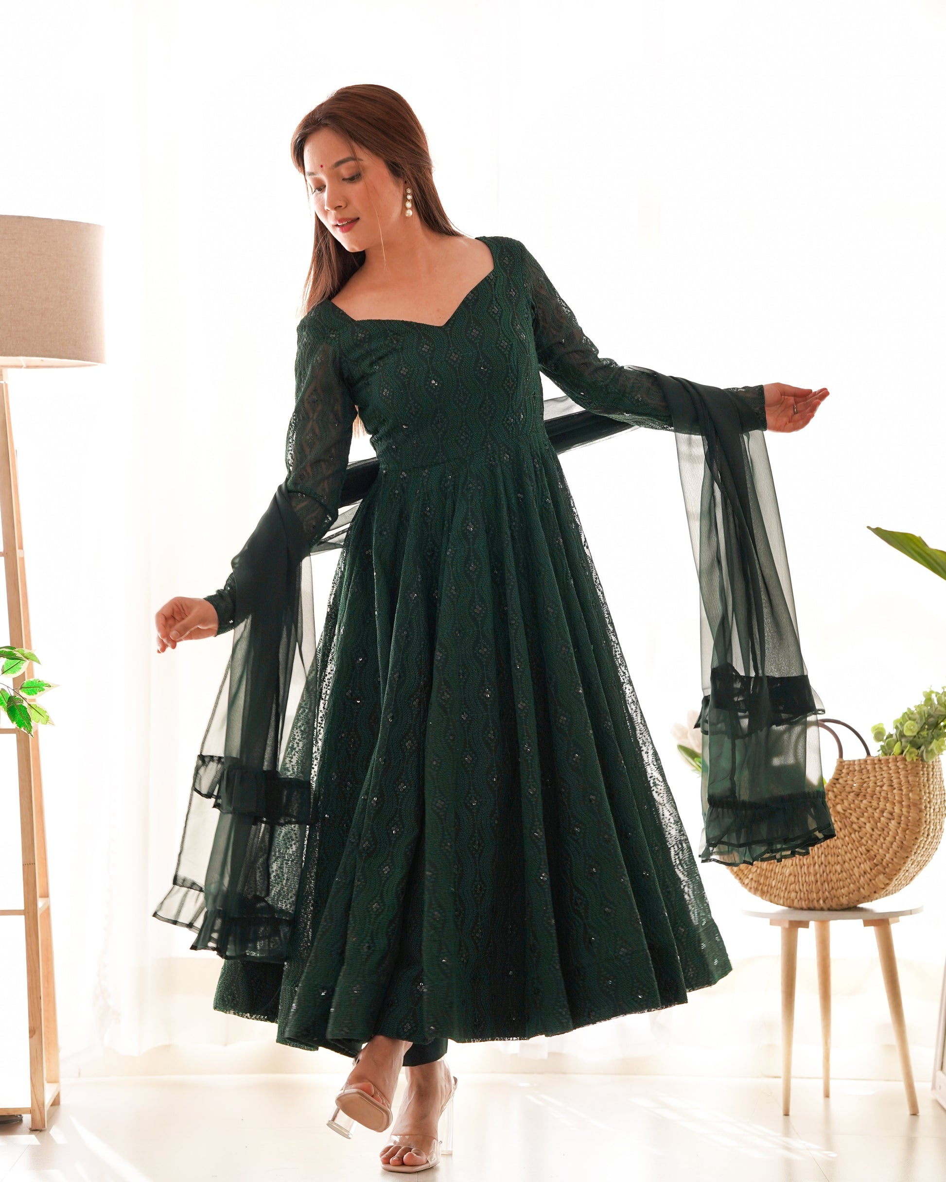 Lorenvalley Green Pure Soft Faux Georgette Lucknowi Sequence Work Anarkali Pant With Dupatta Set 