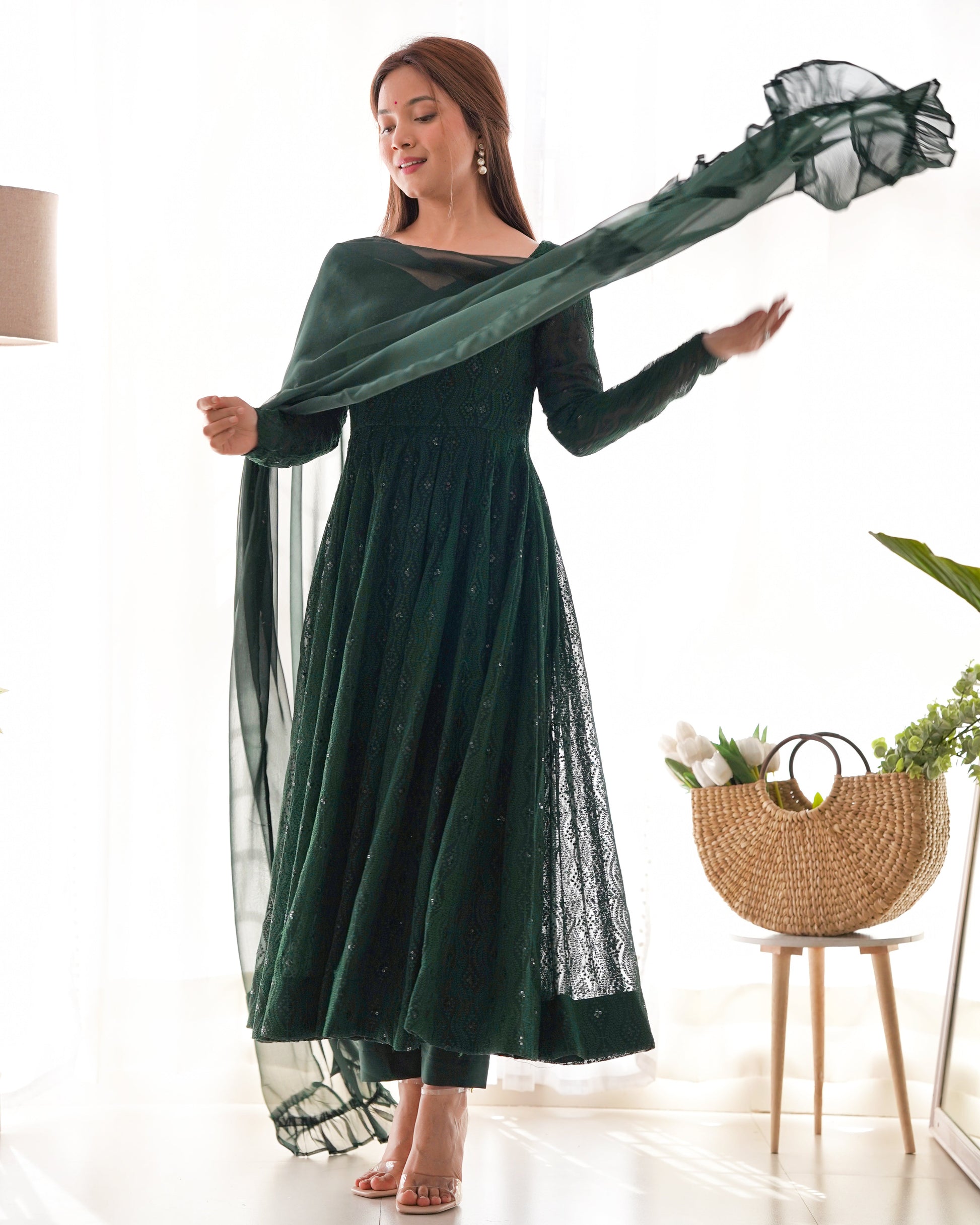Lorenvalley Green Pure Soft Faux Georgette Lucknowi Sequence Work Anarkali Pant With Dupatta Set 