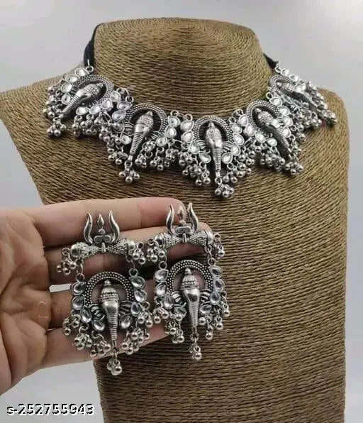Tehzeeb Creations Women's Silver Colour Oxidised Ganesha Style Necklace Set With White Pearl Tehzeeb Creations