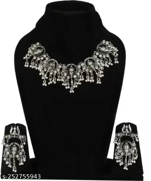 Tehzeeb Creations Women's Silver Colour Oxidised Ganesha Style Necklace Set With White Pearl Tehzeeb Creations