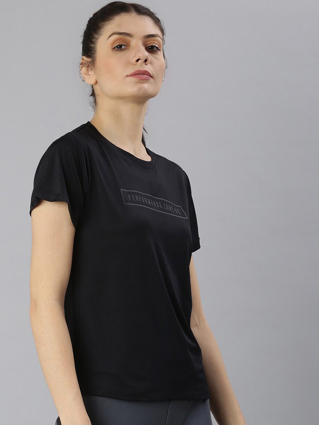 MKH Women Black Typography Dri-FIT Polyester Round Neck Sports T-shirt 