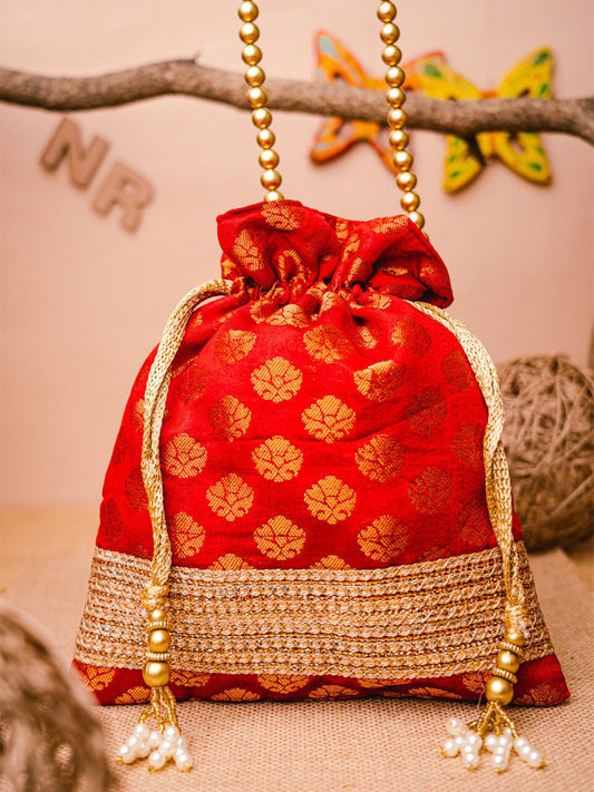 NR By Nidhi Rathi Red & Gold-Toned Embroidered Potli Clutch - Grab2buy