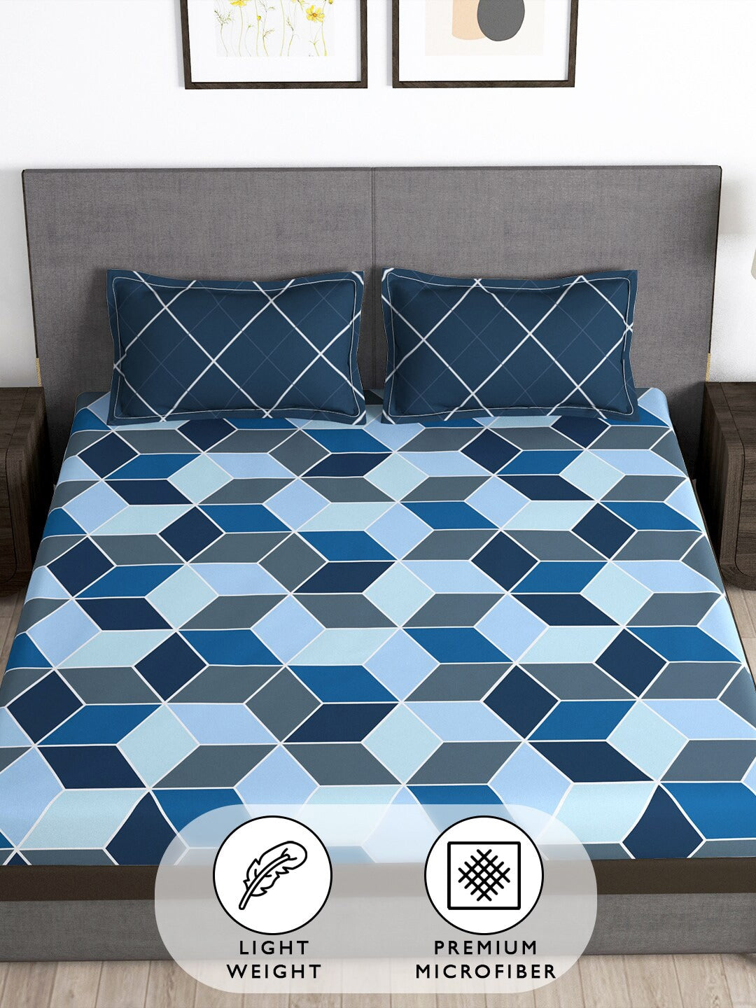 Story@home Arena Blue & Grey Geometric Printed 180 TC Queen Bedsheet & 2 Pillow Covers 