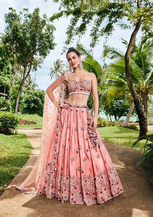 House of Panchhi Peach Pure Georgette Sequins, Zarkan And Thread Embroidery Lehenga Choli & Dupatta 