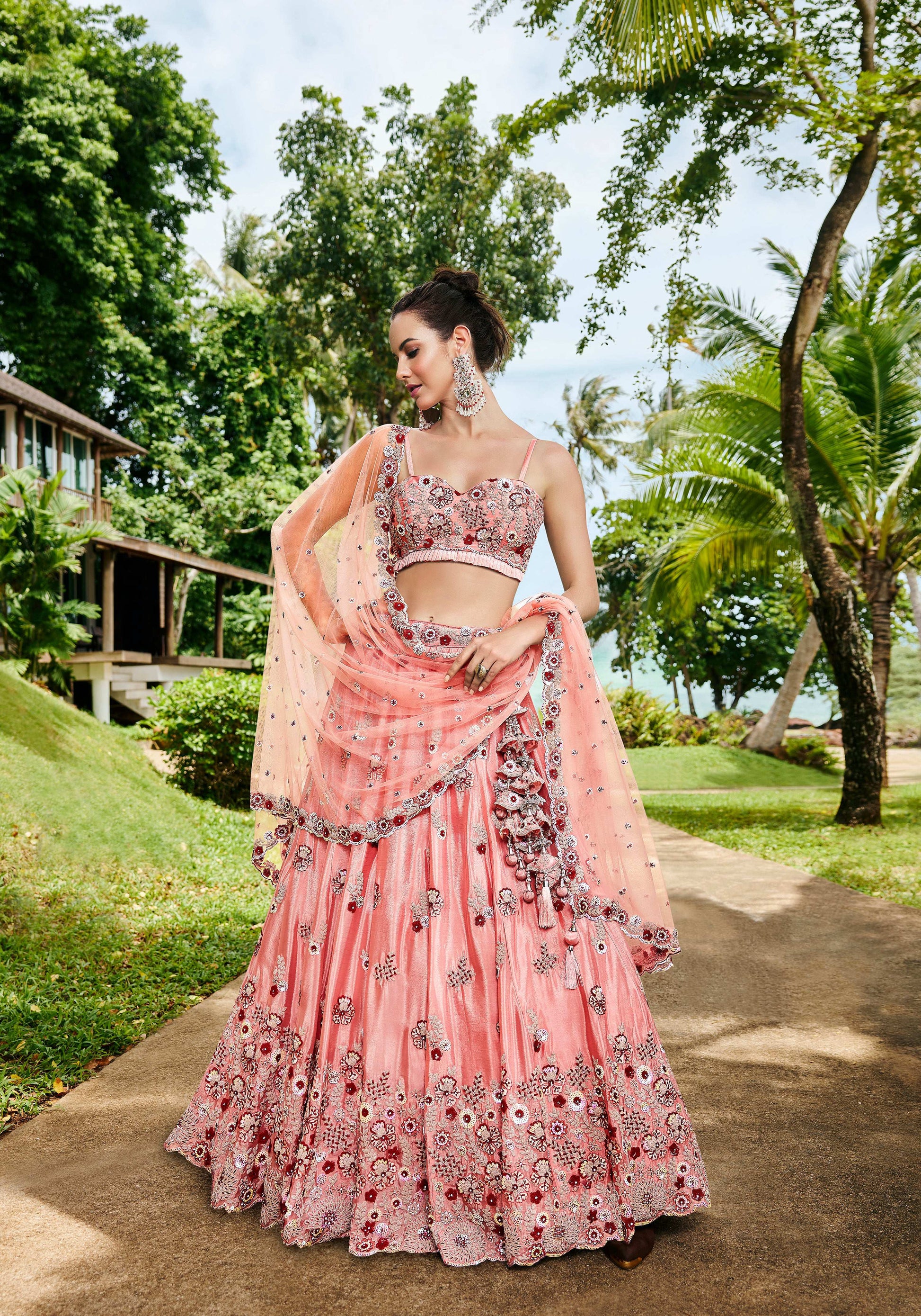 House of Panchhi Peach Pure Georgette Sequins, Zarkan And Thread Embroidery Lehenga Choli & Dupatta 