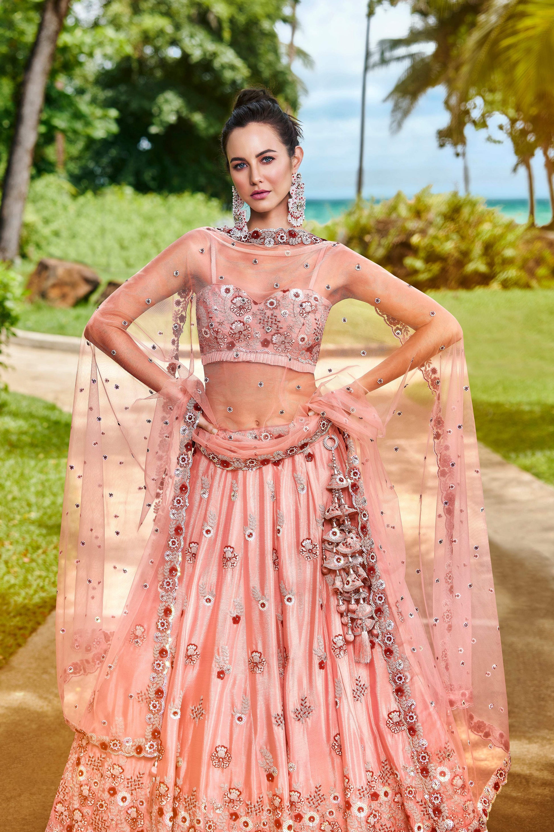 House of Panchhi Peach Pure Georgette Sequins, Zarkan And Thread Embroidery Lehenga Choli & Dupatta 