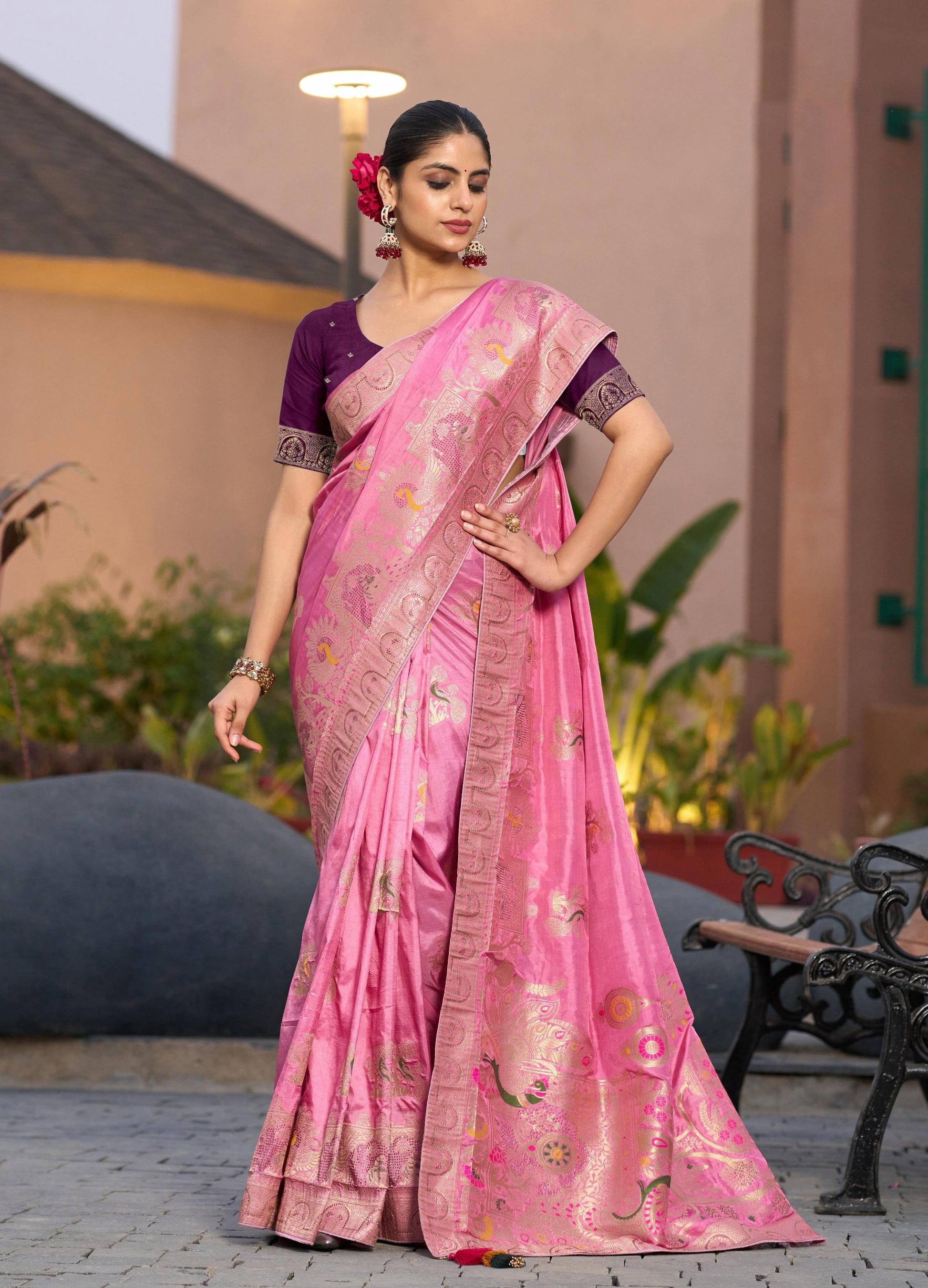 Monjolika Fashion Dola Silk Meenakari Weave Work Traditional Saree In Light Pink