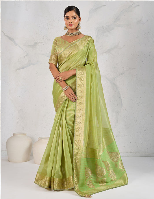 Monjolika Fashion Tissue Linen Parrot Green Color Woven Classic Saree