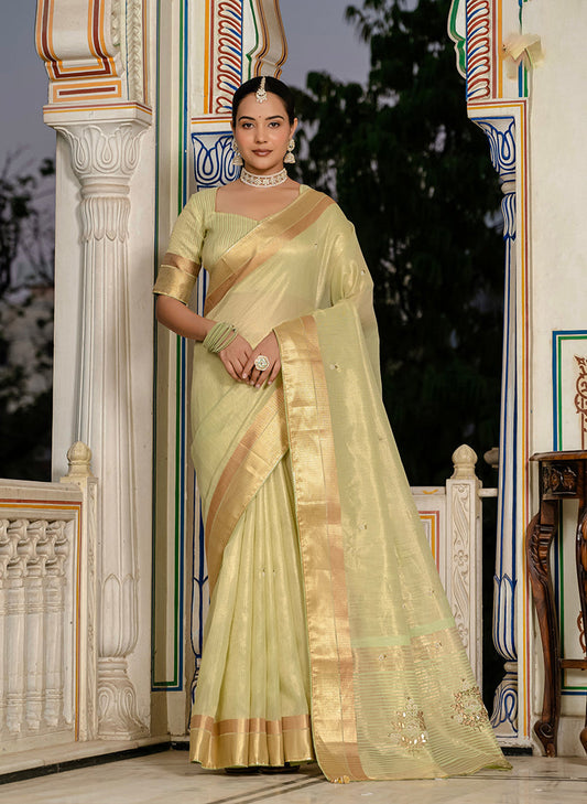 Monjolika Fashion Light Green Color Tissue Linen Khatli Hand Work Designer Saree