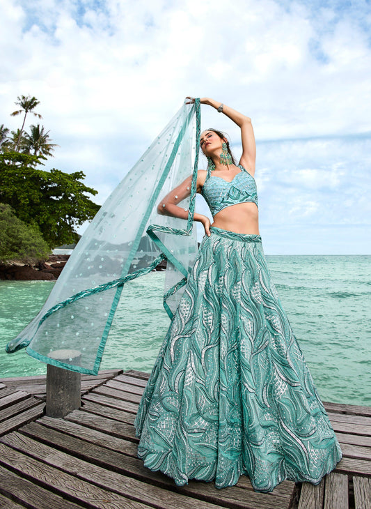 House of Panchhi Turquoise Blue Net Sequins, Zarkan And Thread Embroidery Lehenga Choli & Dupatta 