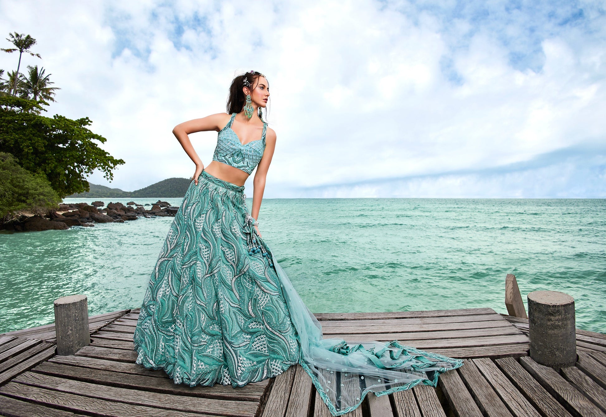 House of Panchhi Turquoise Blue Net Sequins, Zarkan And Thread Embroidery Lehenga Choli & Dupatta 