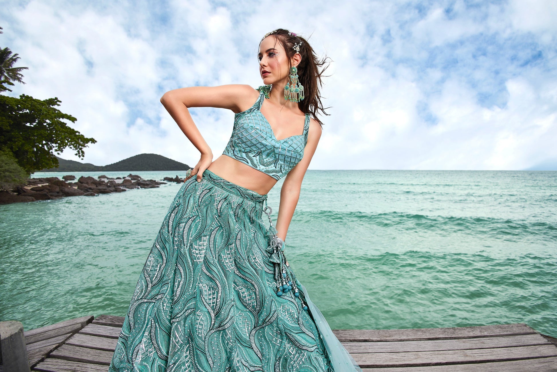 House of Panchhi Turquoise Blue Net Sequins, Zarkan And Thread Embroidery Lehenga Choli & Dupatta 