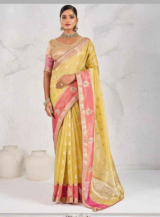 Monjolika Fashion Charming Yellow Soft Tissue Linen Saree With Pretty Blouse Piece