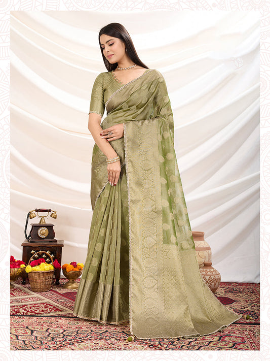 Monjolika Fashion Ethnic Light Green Crush Tissue Designer Saree