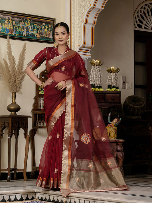 Monjolika Fashion Maroon Color Cutdana Work Kota Linen Stylish Saree