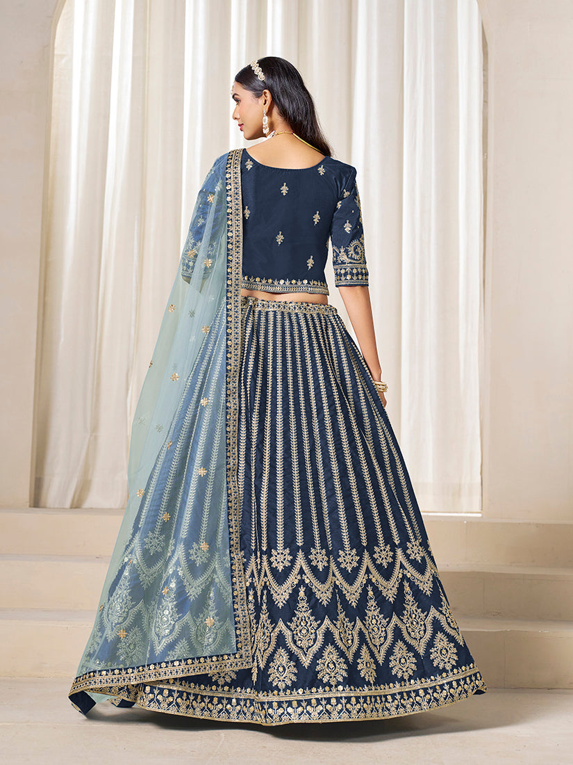 Monjolika Fashion Embroidered Navy Blue Art Silk Designer Long Lehenga Choli