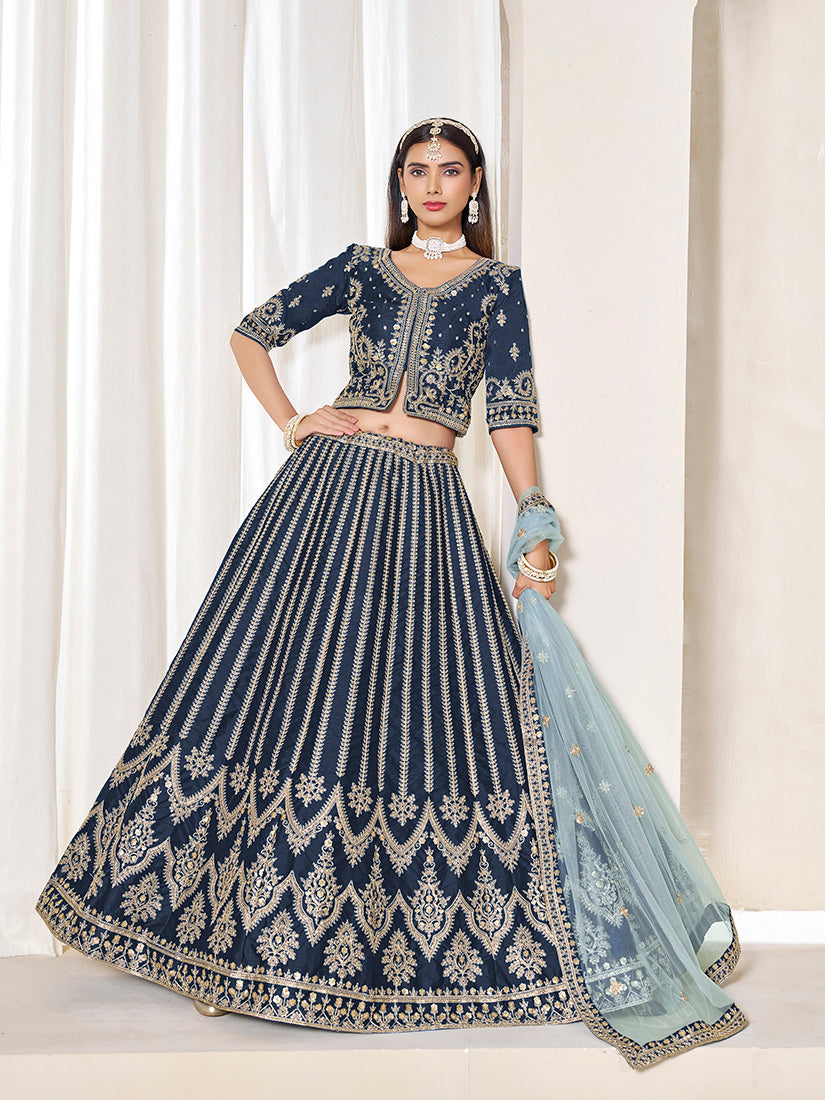 Monjolika Fashion Embroidered Navy Blue Art Silk Designer Long Lehenga Choli