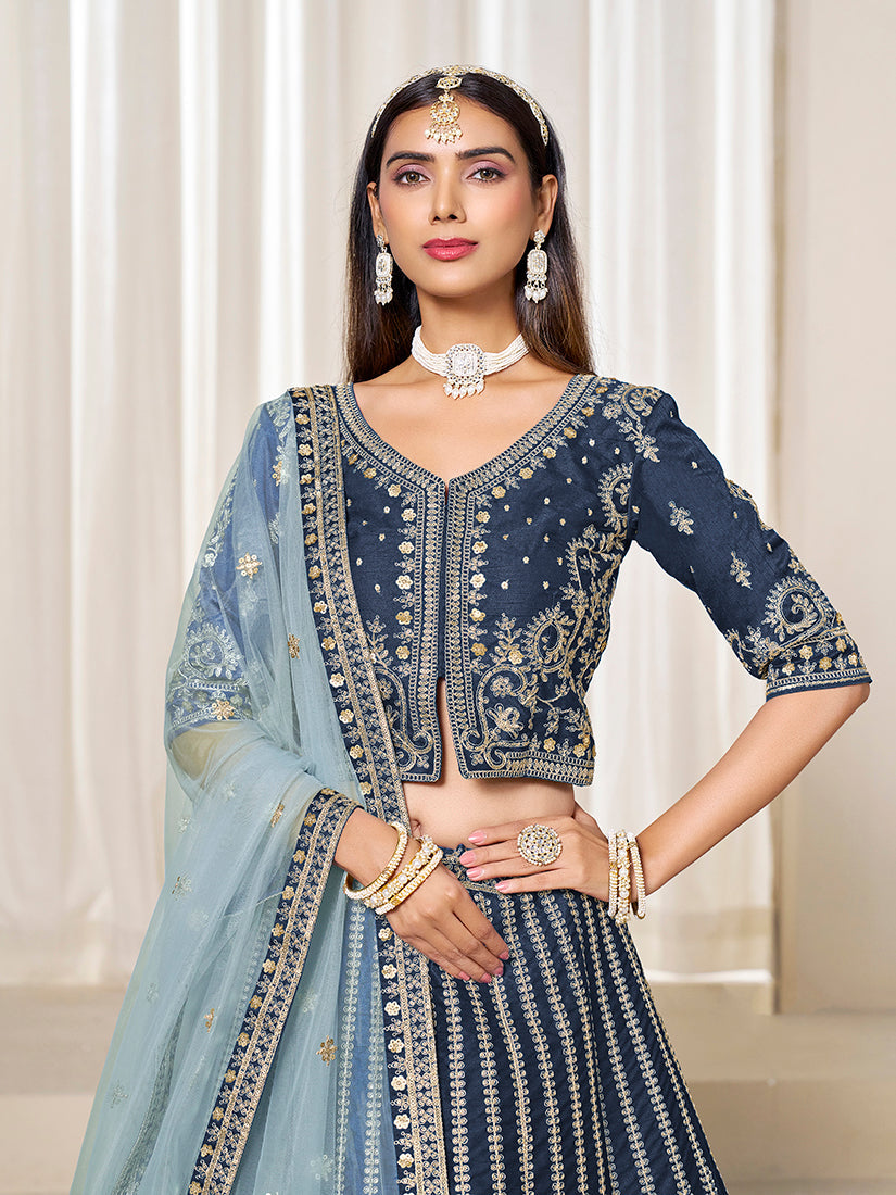 Monjolika Fashion Embroidered Navy Blue Art Silk Designer Long Lehenga Choli