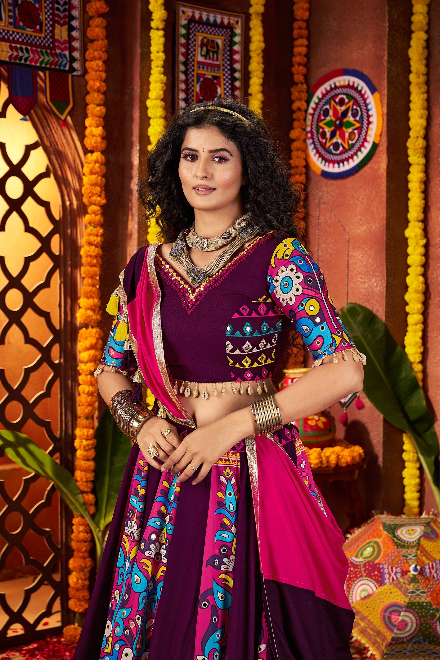 Monjolika Fashion Purple Viscose Cotton Digital Print Mirror Work Navratri Chaniya Choli With Dupatta
