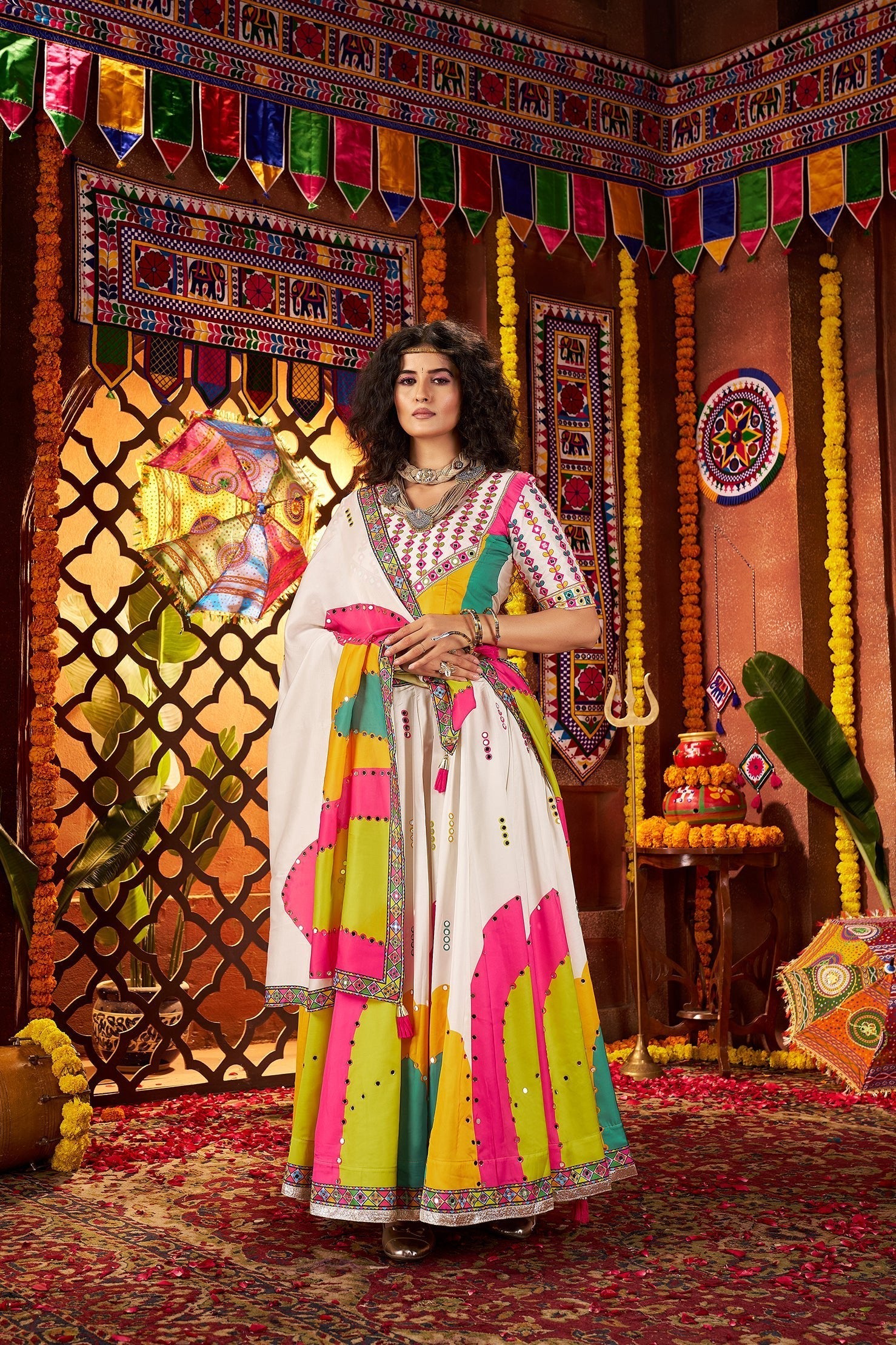 Monjolika Fashion White Gajji Silk Navratri Lehenga Choli With Digital Print & Mirror Work | Grab2Buy