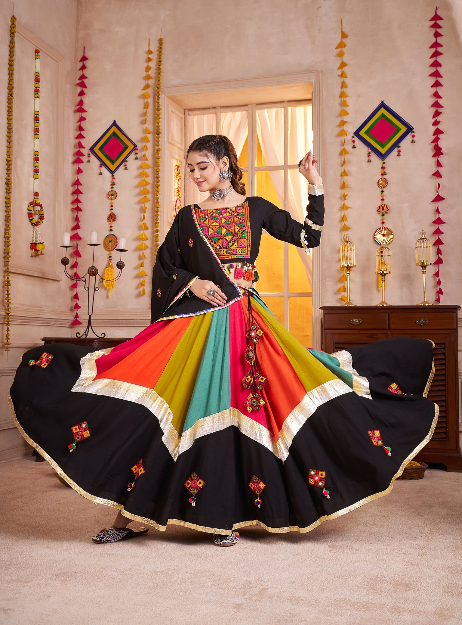 Monjolika Fashion Viscose Cotton Black Lehenga Choli For Navratri In Thread & Mirror Work