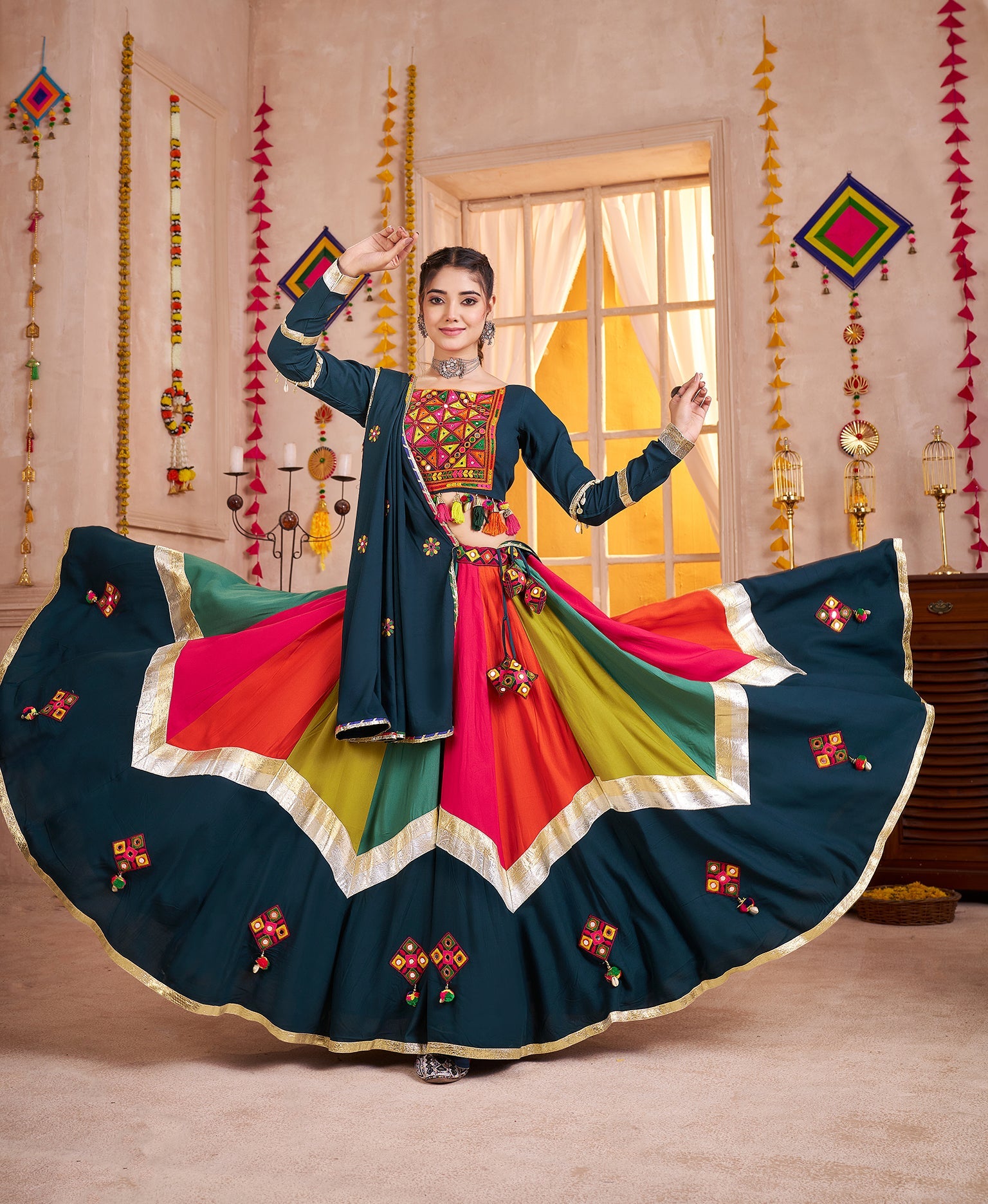 Monjolika Fashion Viscose Cotton Multi Color-Teal Blue Navratri Lehenga Choli With Mirror And Kutchi