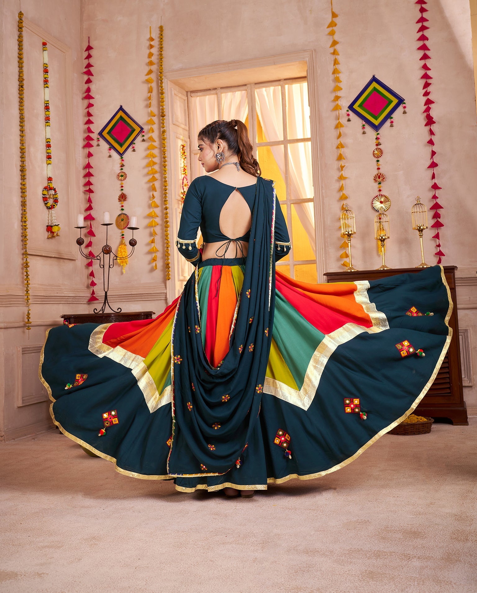 Monjolika Fashion Viscose Cotton Multi Color-Teal Blue Navratri Lehenga Choli With Mirror And Kutchi