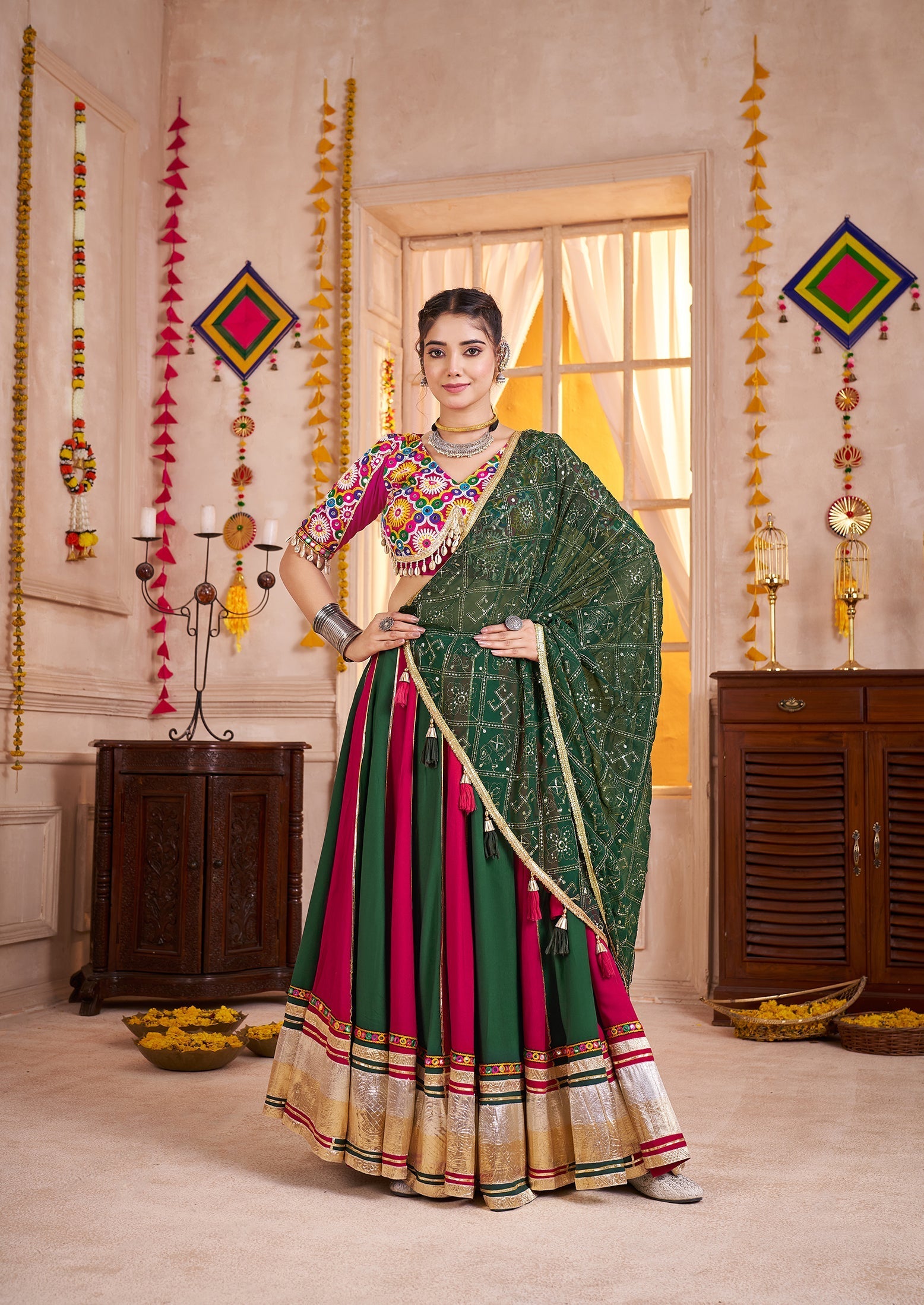 Monjolika Fashion Colorful Viscose Cotton Navratri Lehenga With Kutchi Mirror Work Choli | Grab2Buy