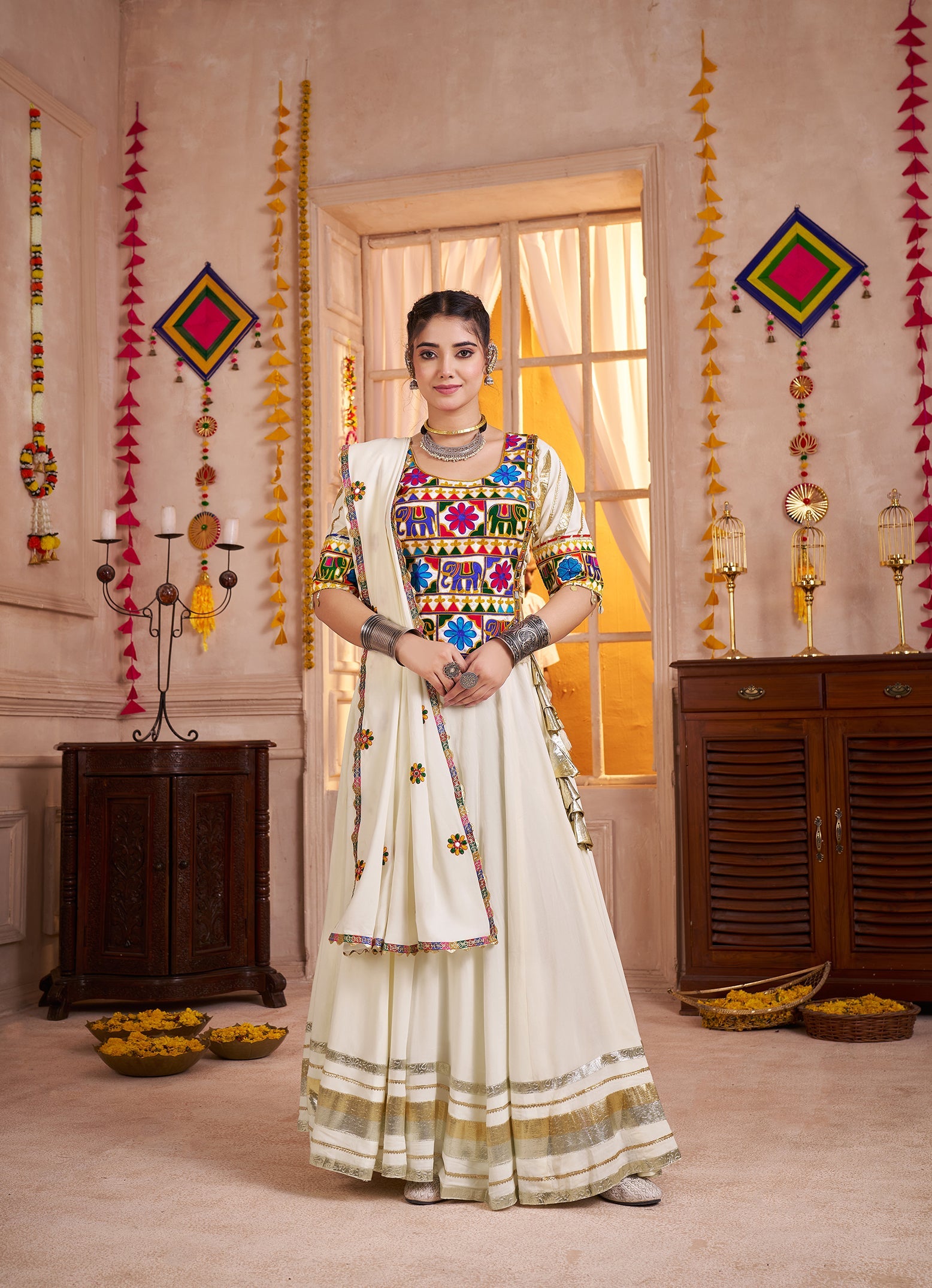 Monjolika Fashion Designer Viscose Cotton White Navratri Chaniya Choli