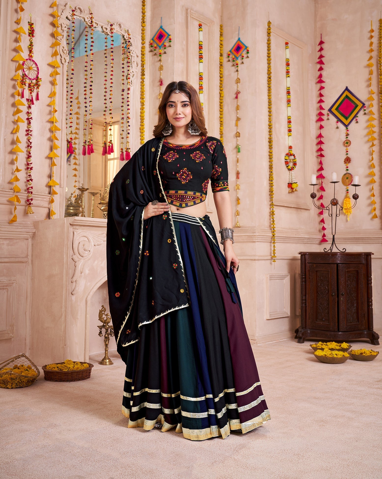 Monjolika Fashion Multi-Color Viscose Cotton Navratri Lehenga Choli With Hand Mirror Work | Grab2Buy