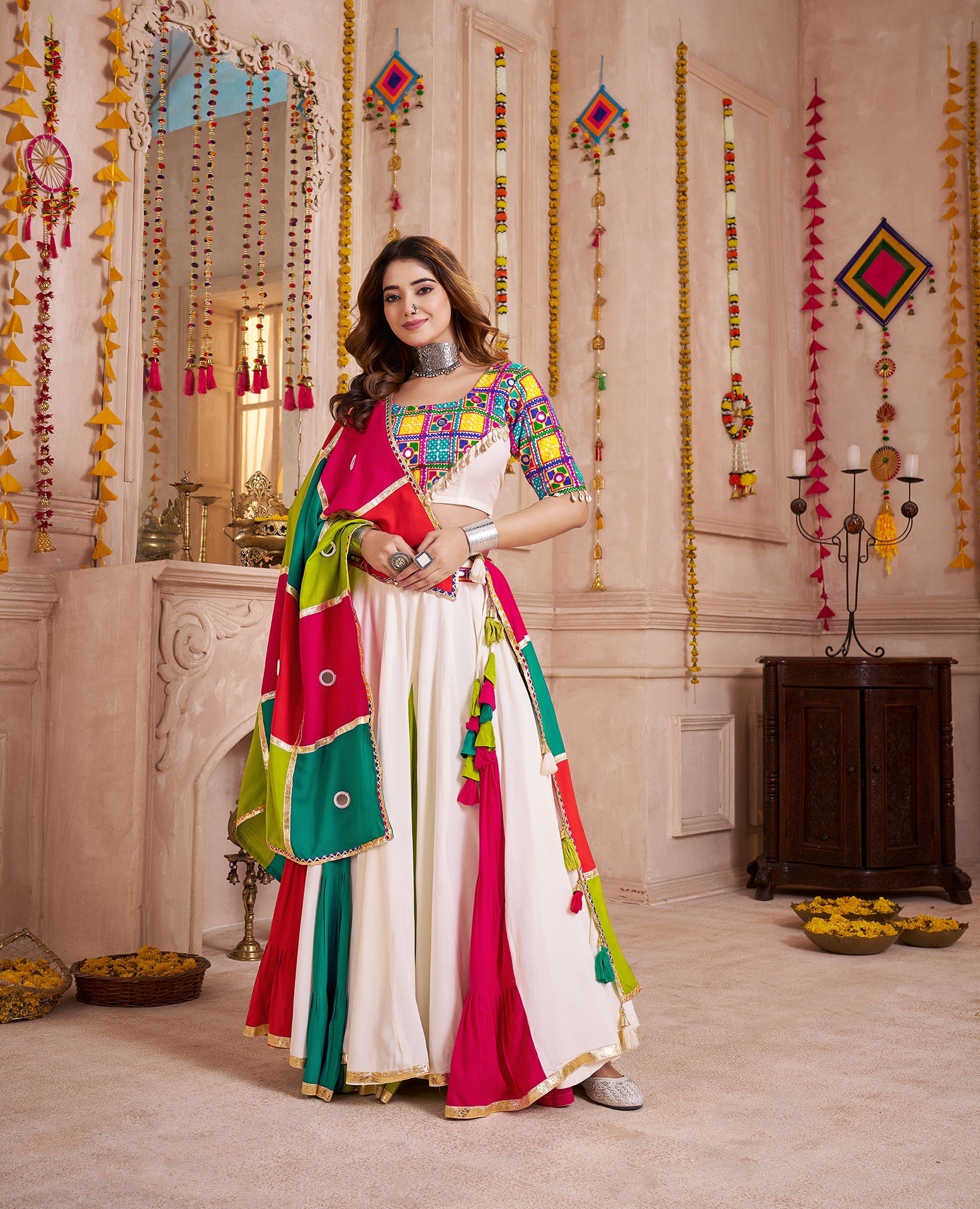 Monjolika Fashion Multi-Color Viscose Cotton Navratri Lehenga Choli Set With Mirror And Thread Work | Grab2Buy