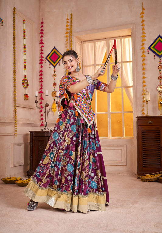 Monjolika Fashion Purple Kutchi Mirror Work Navratri Lehenga Choli