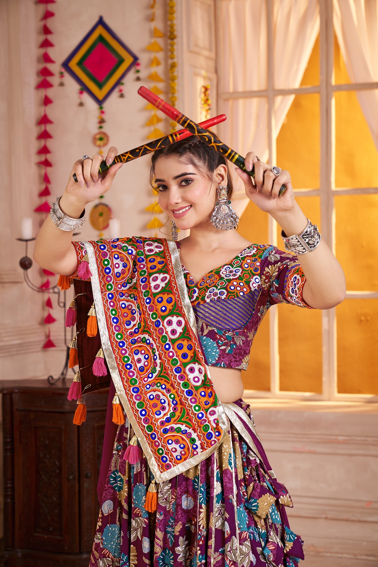 Monjolika Fashion Purple Kutchi Mirror Work Navratri Lehenga Choli